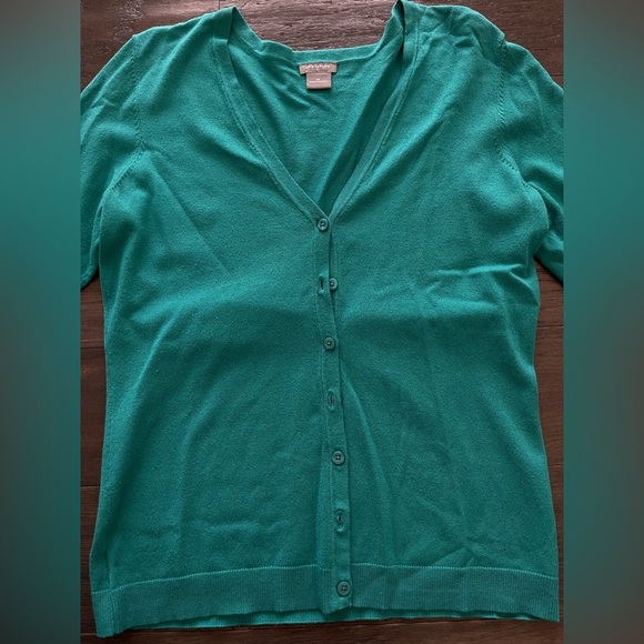 Ann Taylor Teal V-Neck Cotton Button Up Cardigan Size Med Business Casual Office - Picture 7 of 7